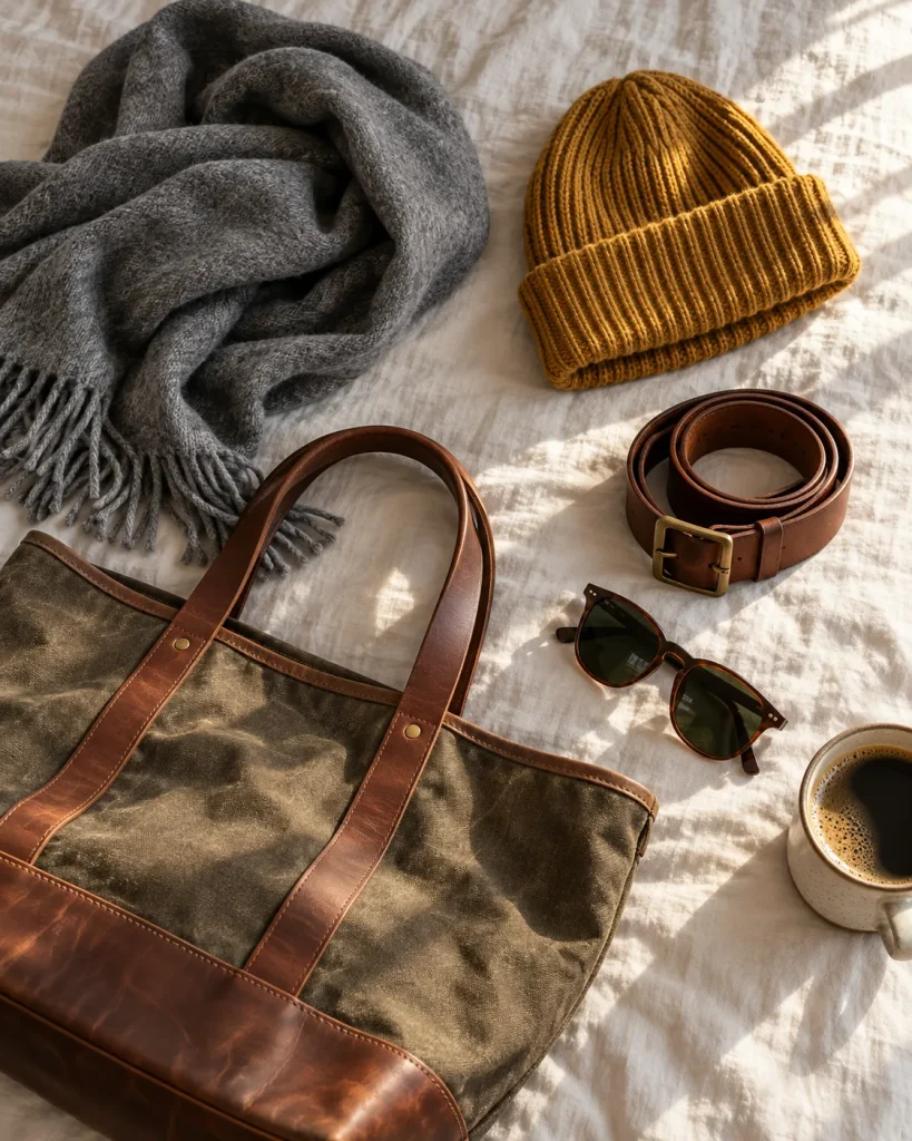 Bufanda, gorro, cinturón y bolso sobre una sábana de lino