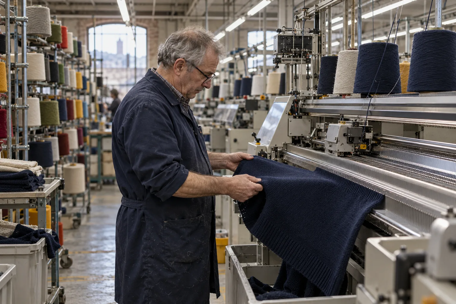 Técnico revisando un panel de punto marino en una tricotosa rectilínea