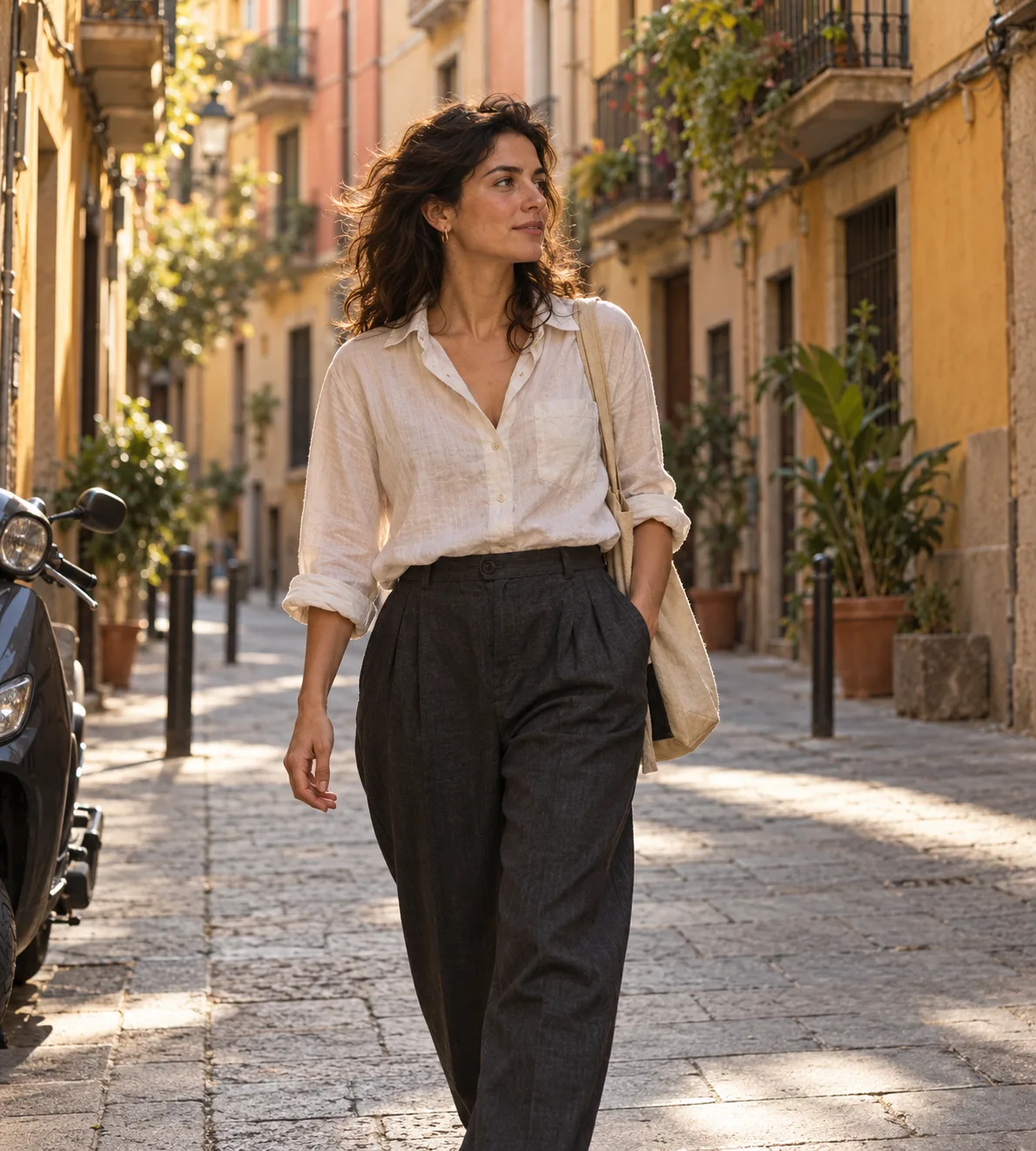 Mujer con camisa de lino cruda y pantalón de pinzas gris paseando por una calle de Gràcia