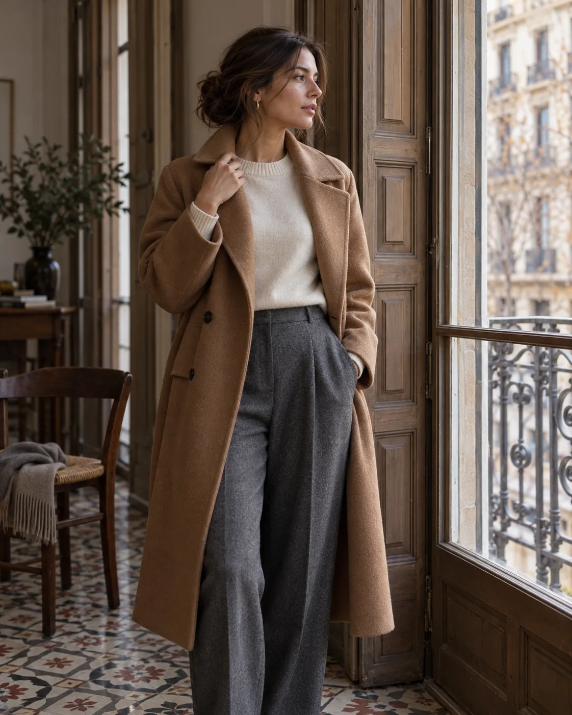 Mujer con abrigo de paño camel y jersey crudo junto a una ventana con contraventanas de madera