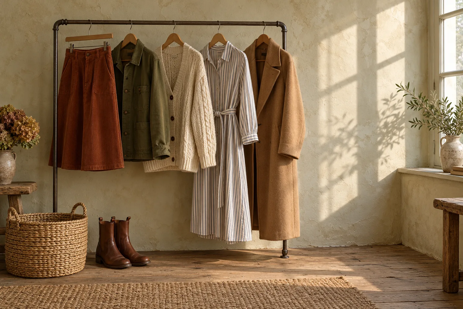 Burra con falda de pana, chaqueta de trabajo, cárdigan, vestido de rayas y abrigo camel