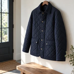 Chaqueta acolchada ligera azul noche colgada en un recibidor