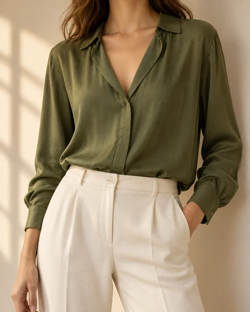Blusa fluida de cupro verde oliva con cuello de pico