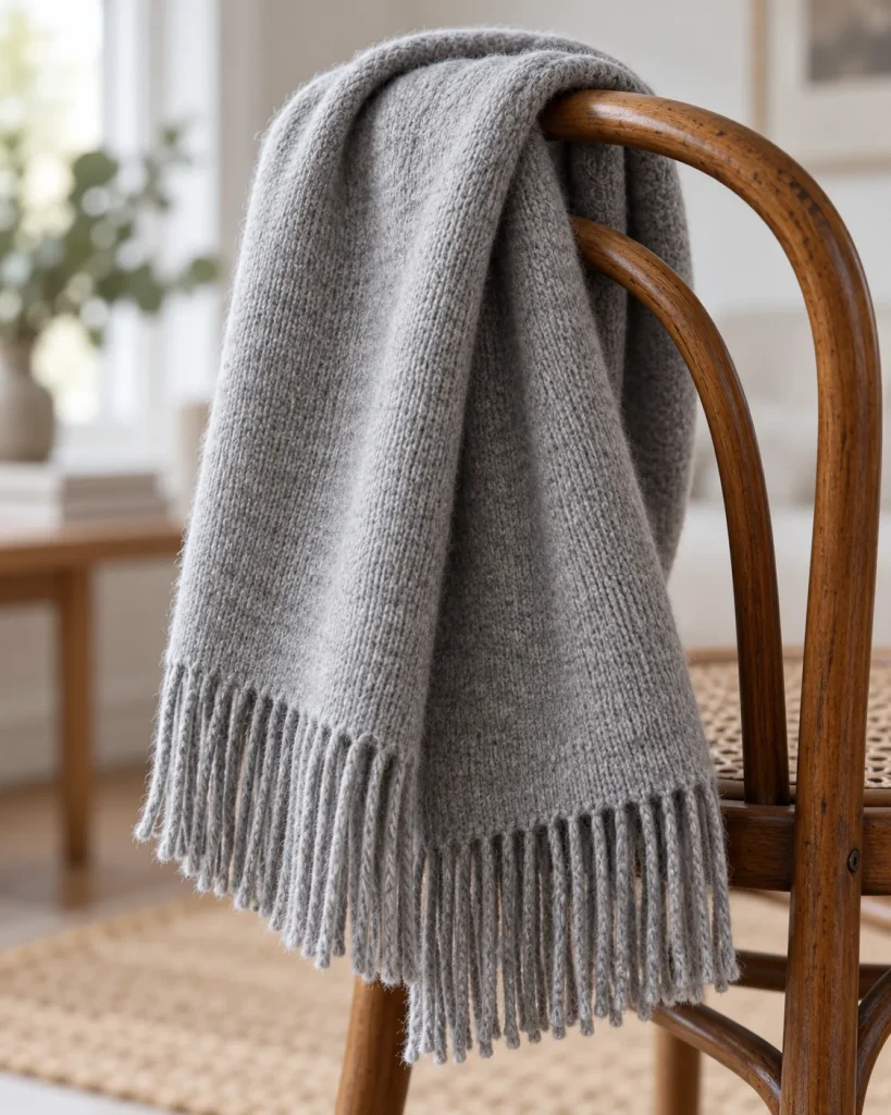 Bufanda de merino gris con flecos sobre una silla de madera curvada