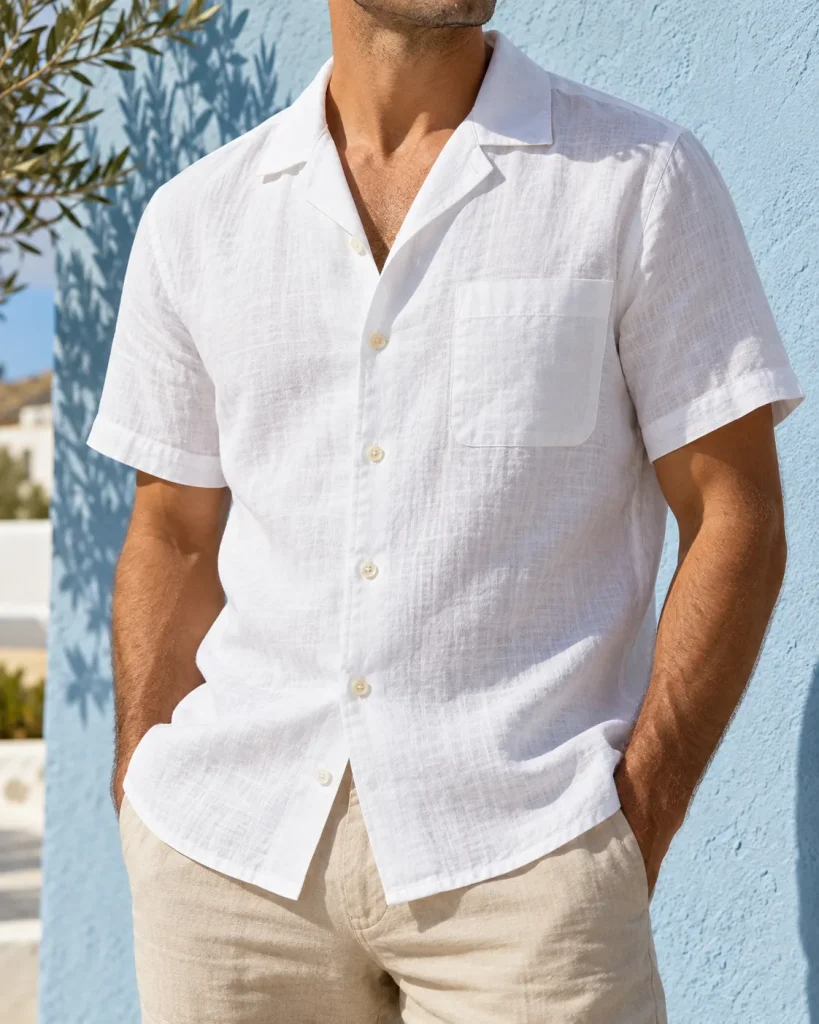 Camisa de lino blanca de manga corta y cuello camp