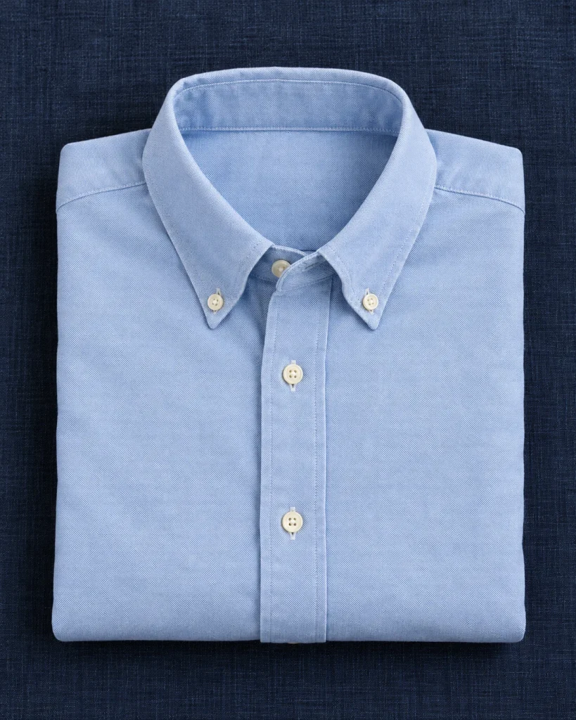 Camisa Oxford azul claro con cuello abotonado doblada