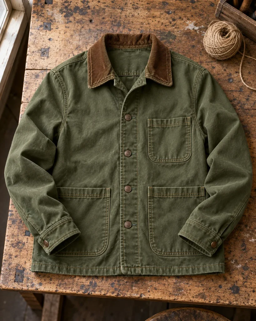 Chaqueta de trabajo de lona verde oliva con cuello de pana