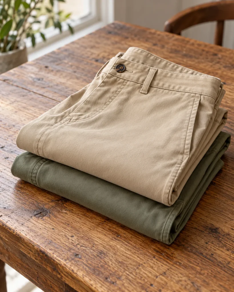 Chinos de gabardina de algodón beige arena y oliva doblados sobre una mesa