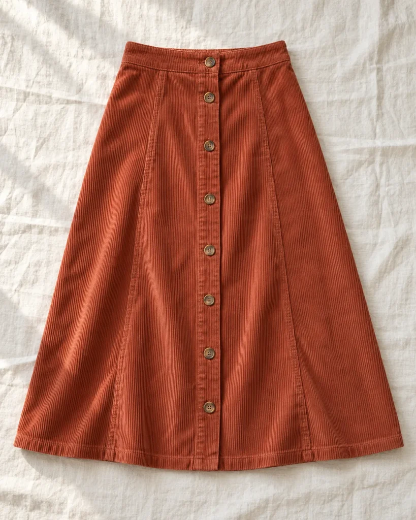 Falda midi de pana fina color teja con botones delanteros