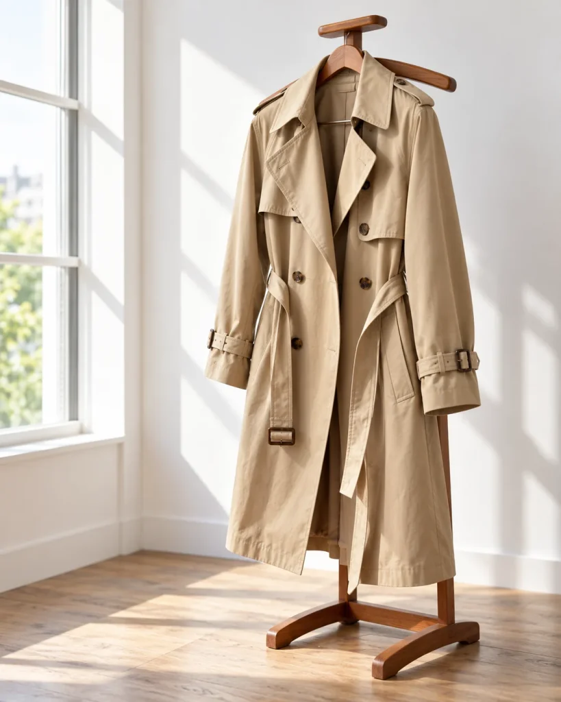 Gabardina clásica de algodón beige con cinturón en un galán de noche