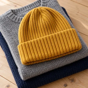 Gorro de punto canalé color mostaza sobre jerséis doblados