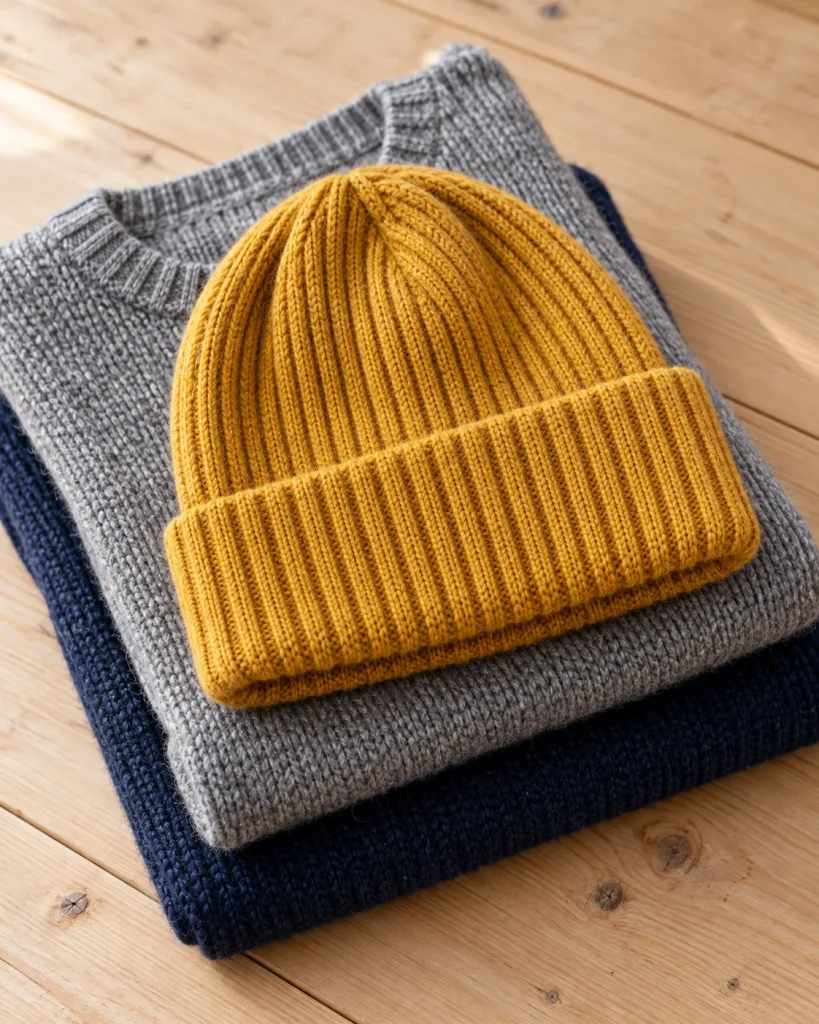 Gorro de punto canalé color mostaza sobre jerséis doblados