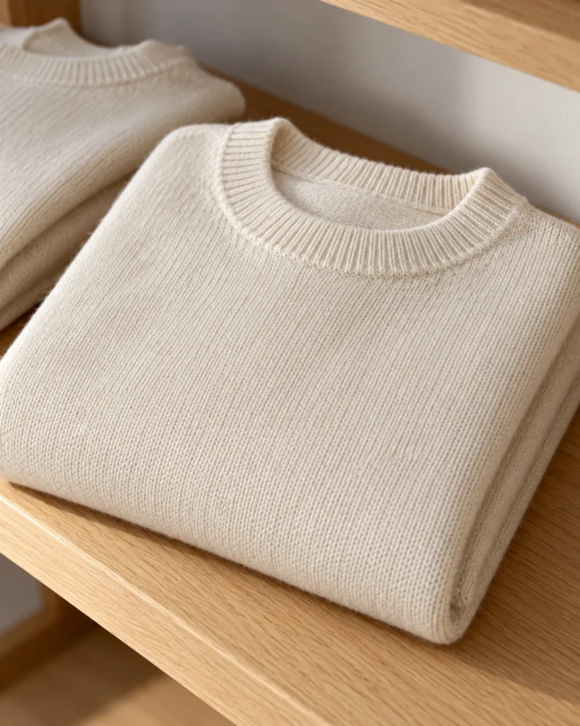 Jersey de merino crudo doblado en una balda