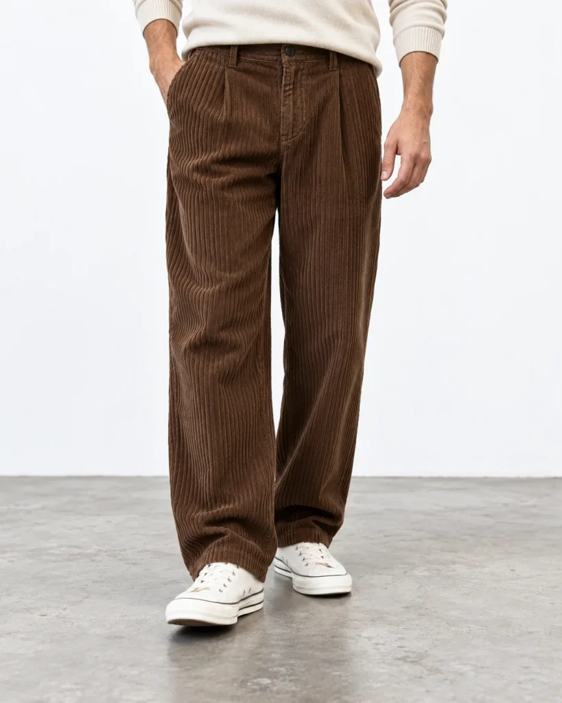 Pantalón de pana ancha marrón con zapatillas blancas