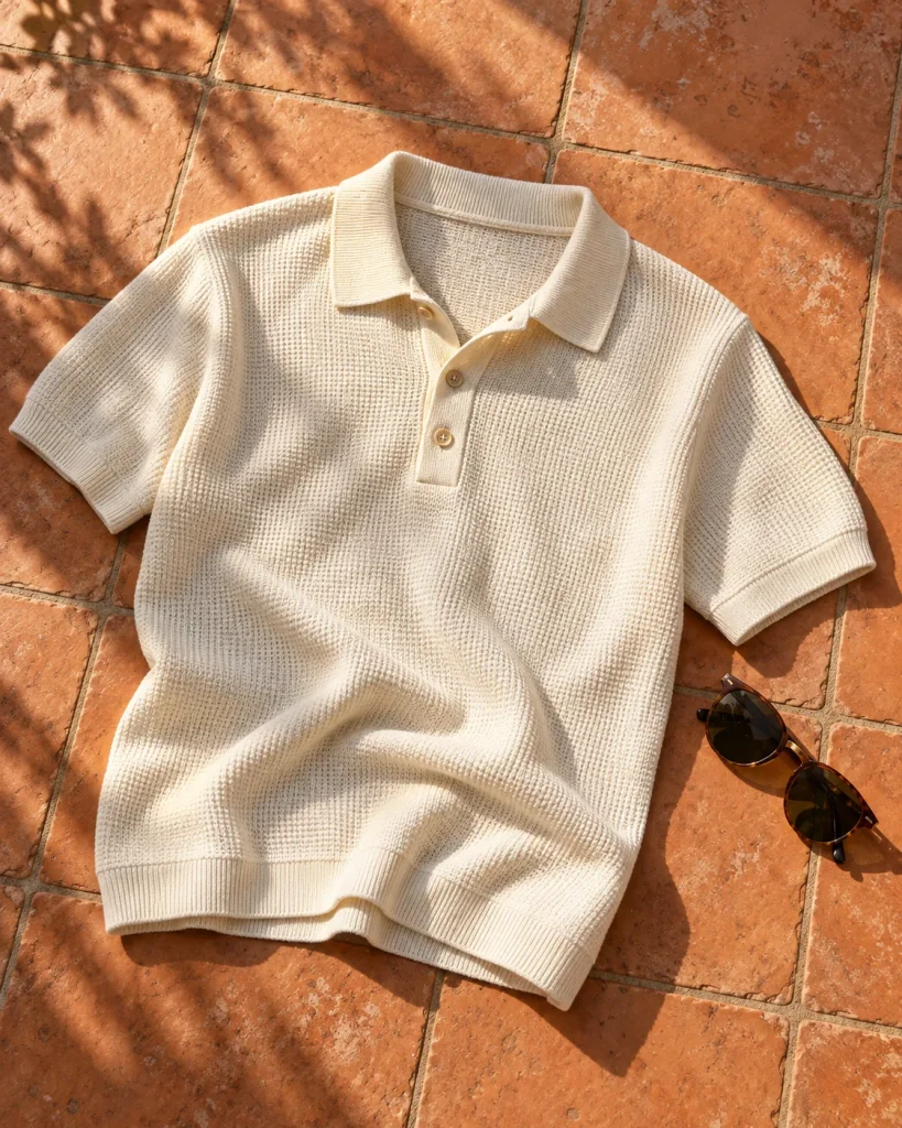 Polo de punto de algodón crudo sobre suelo de baldosa de barro