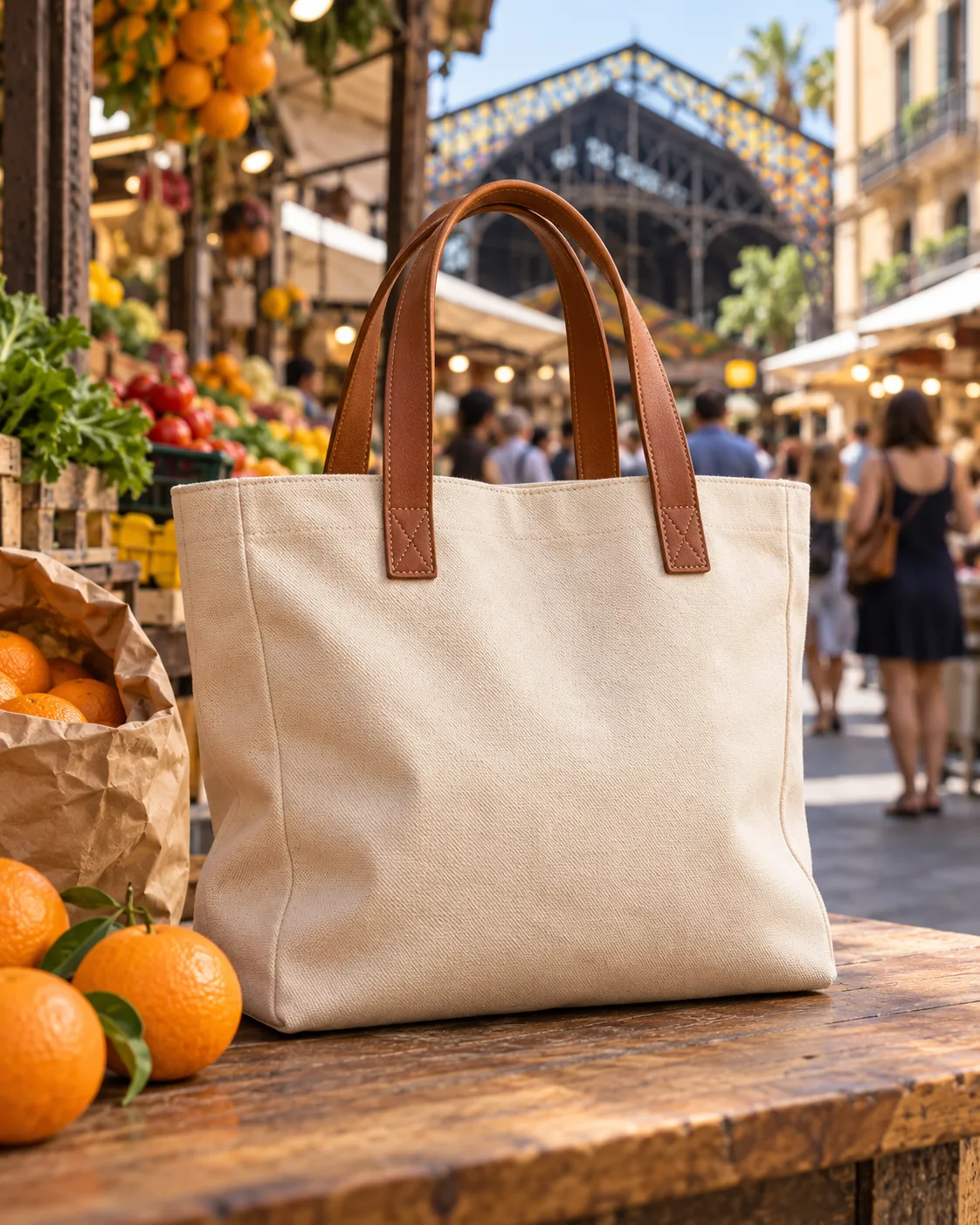 Bolso tote de lona cruda con asas de piel sobre un puesto de mercado