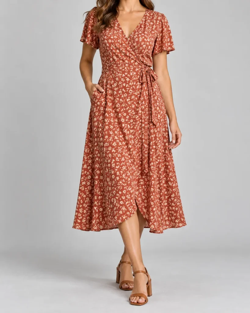 Vestido cruzado midi de viscosa con estampado de flores teja