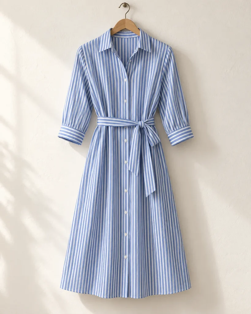 Vestido camisero de popelín a rayas azules y blancas con cinturón colgado en la pared