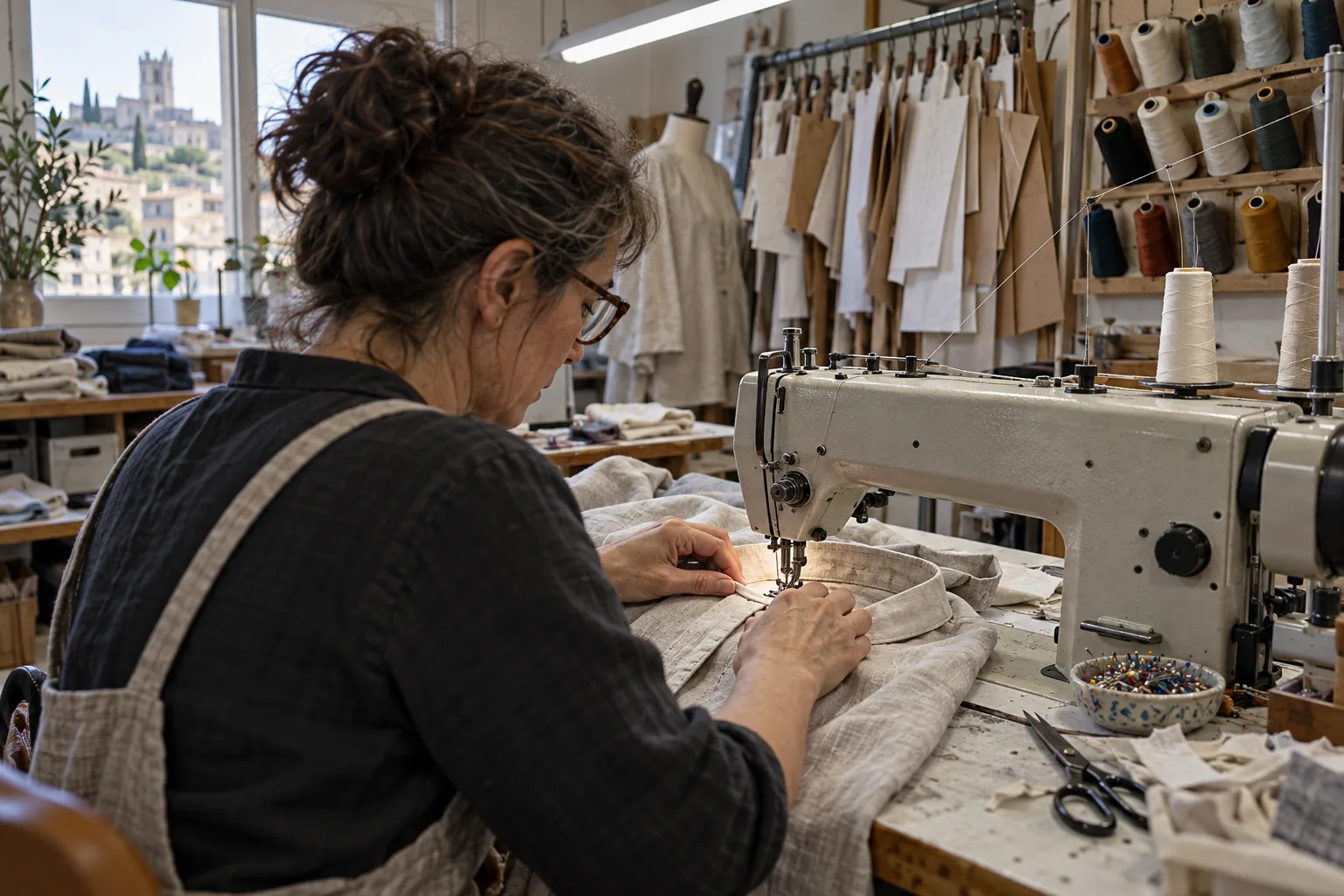 Costurera cosiendo el cuello de una camisa de lino en una máquina industrial