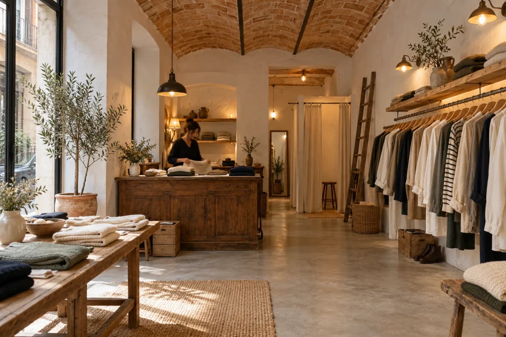 Interior de la tienda Aprop con techo de bóveda catalana, burras de ropa y mostrador de madera